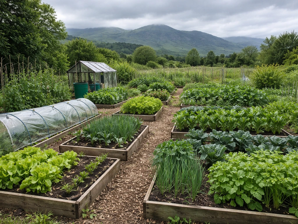 Scottish allotment with diverse vegetables and herbs growing outdoors under cool overcast skies. Style: candid iPhone ph