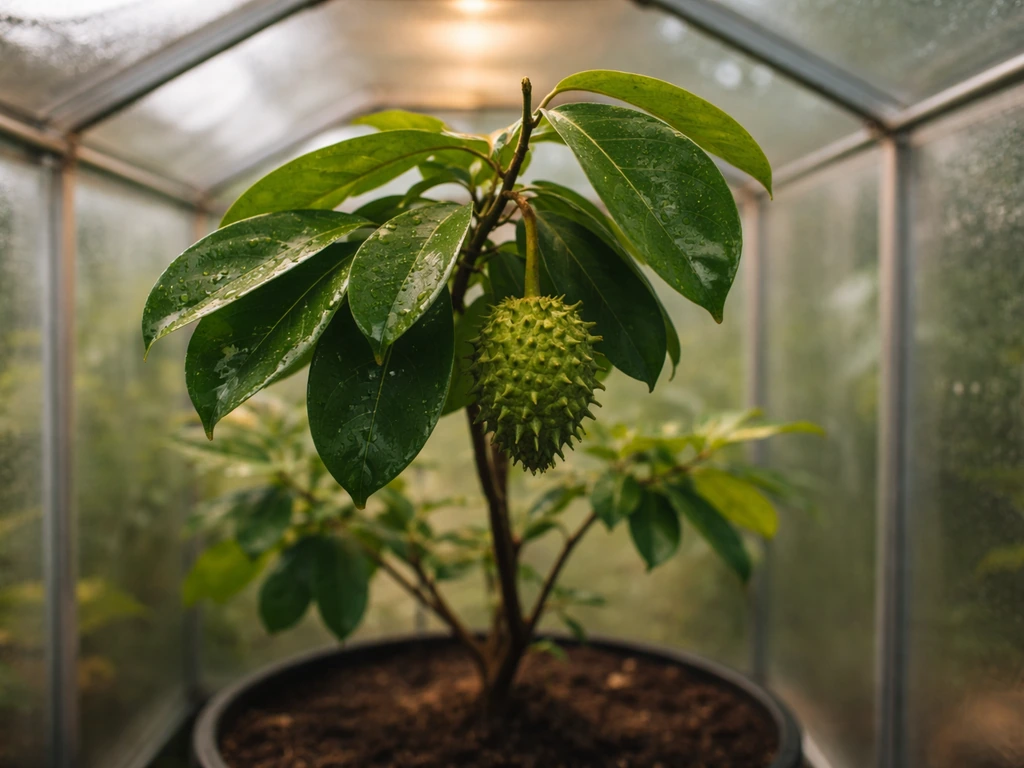 Tropical soursop branch with glossy leaves inside a UK greenhouse under warm grow light