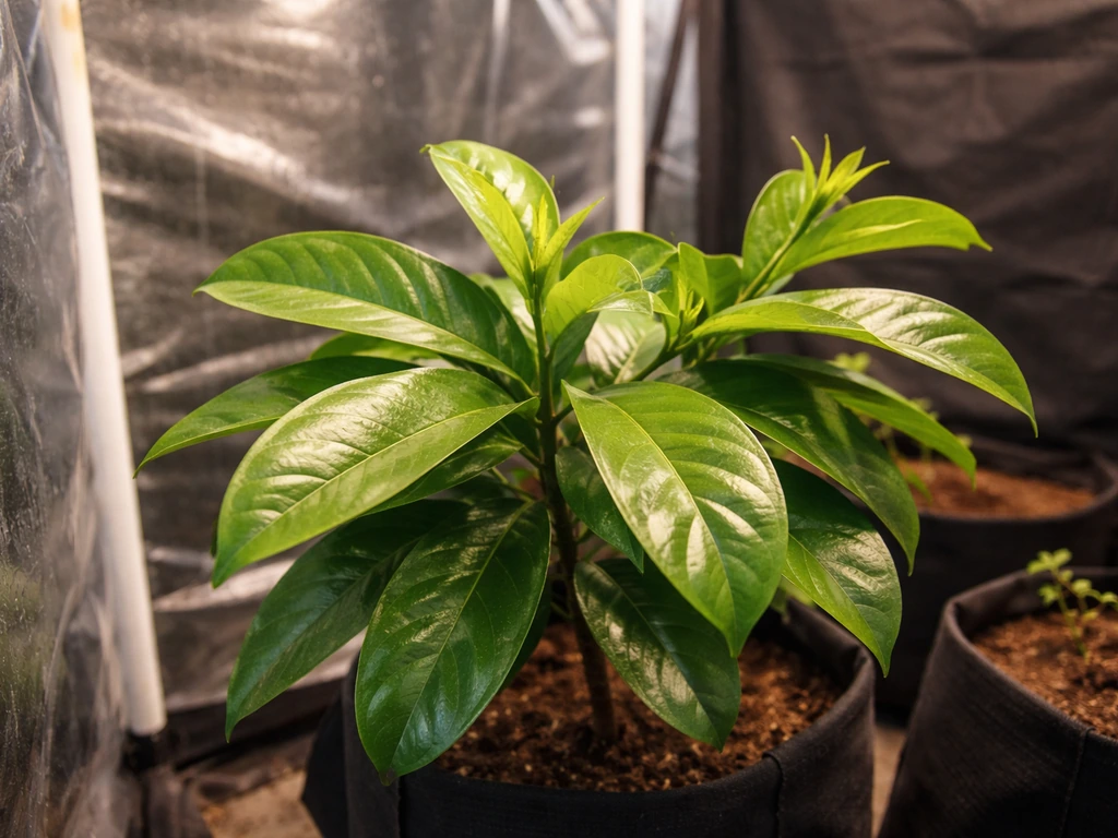 Soursop plant with lush tropical leaves inside a UK indoor grow tent under soft natural light