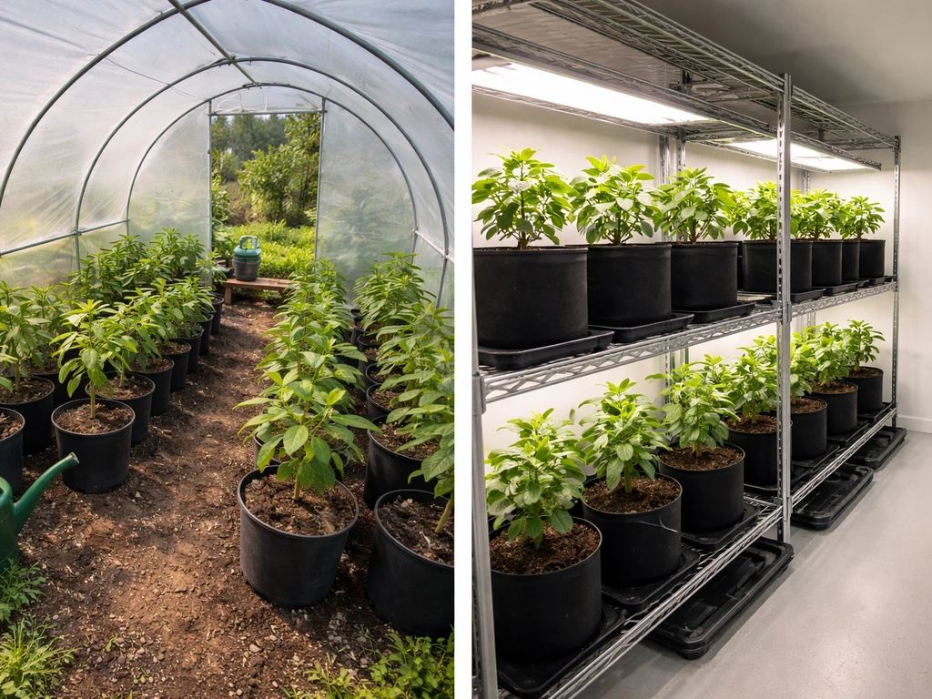 Split scene showing a small greenhouse/polytunnel bed on the left and indoor container growing racks on the right.