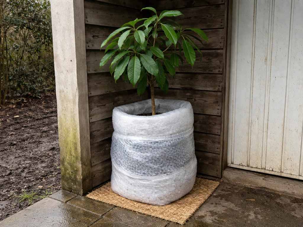 Soursop in a container wrapped with horticultural fleece and bubble wrap, moved under cover for winter.