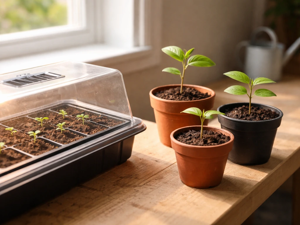 Soursop seedlings in a heated propagator, then young plants in small pots on a windowsill.