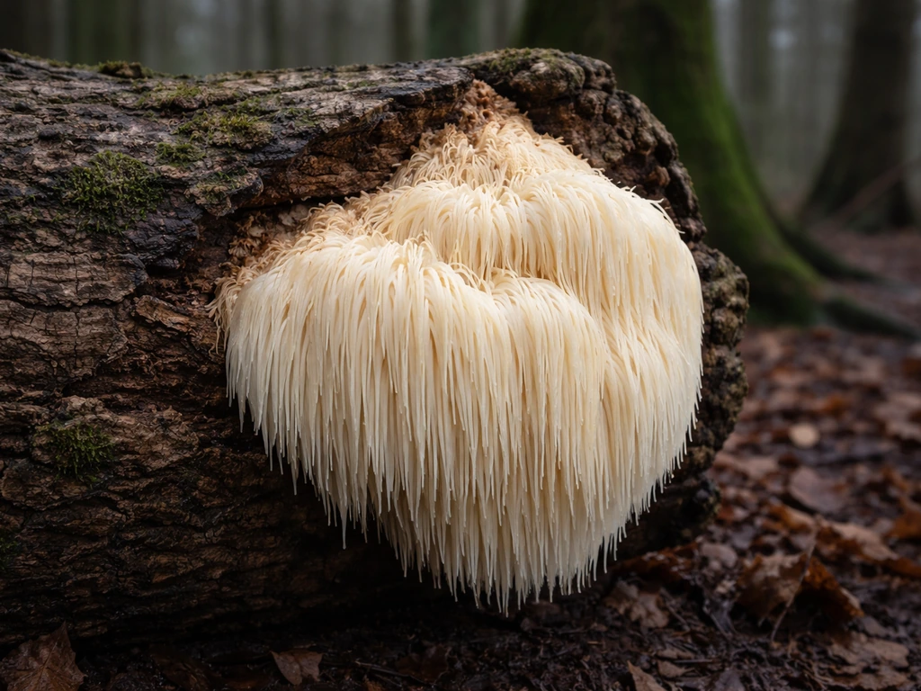 Wild lion’s mane fungus cascading from a wound on an old hardwood log in a UK woodland.