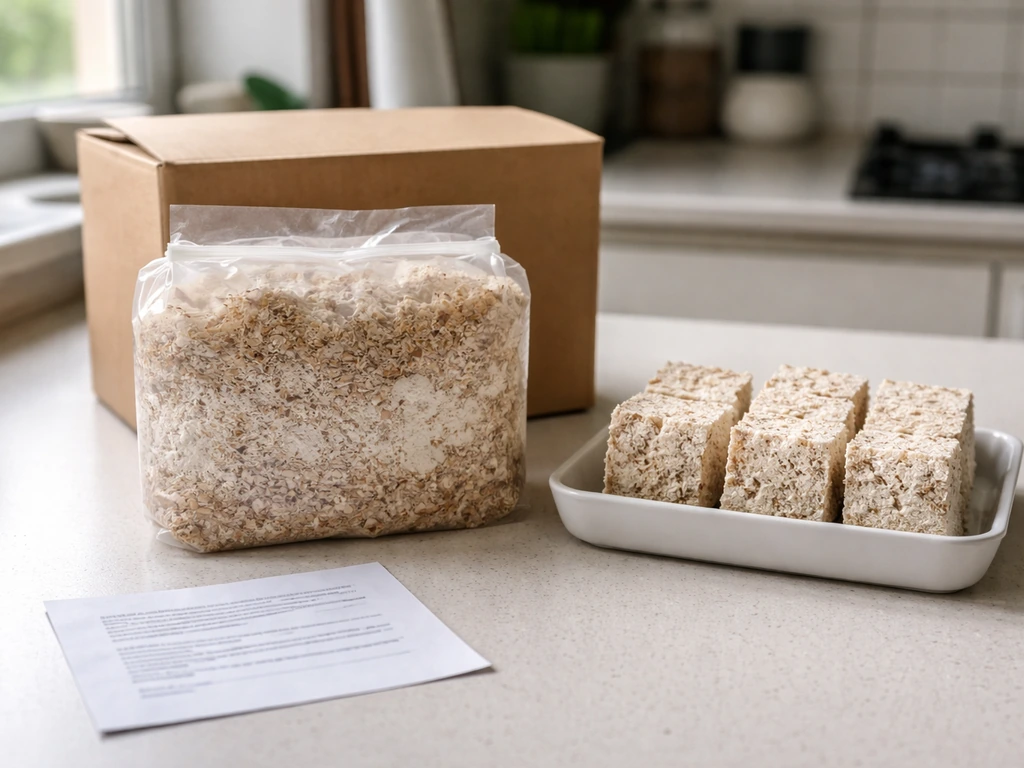 Lion’s mane grow kit and substrate blocks on a UK kitchen counter in natural daylight.