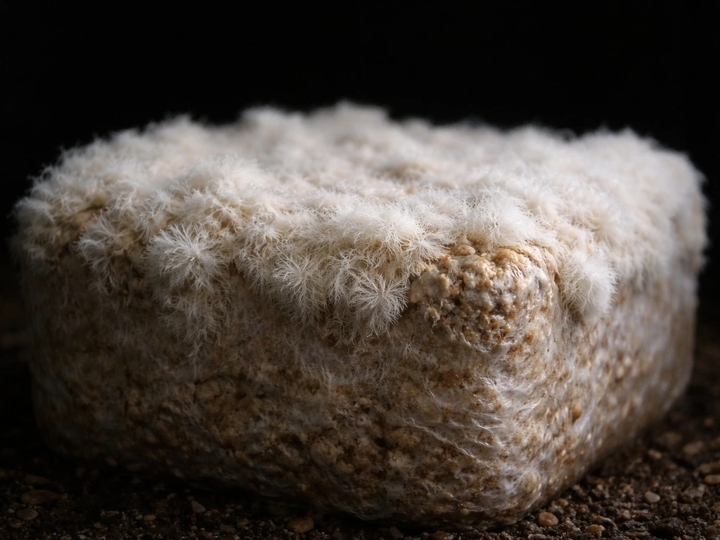 White, fluffy lion’s mane mycelium colonising an inoculated substrate block in a dark incubating setup.