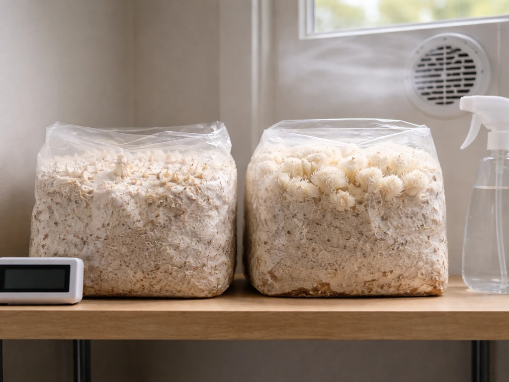 Two lion’s mane grow blocks showing stalled pins on one and healthier pinned growth on the other.