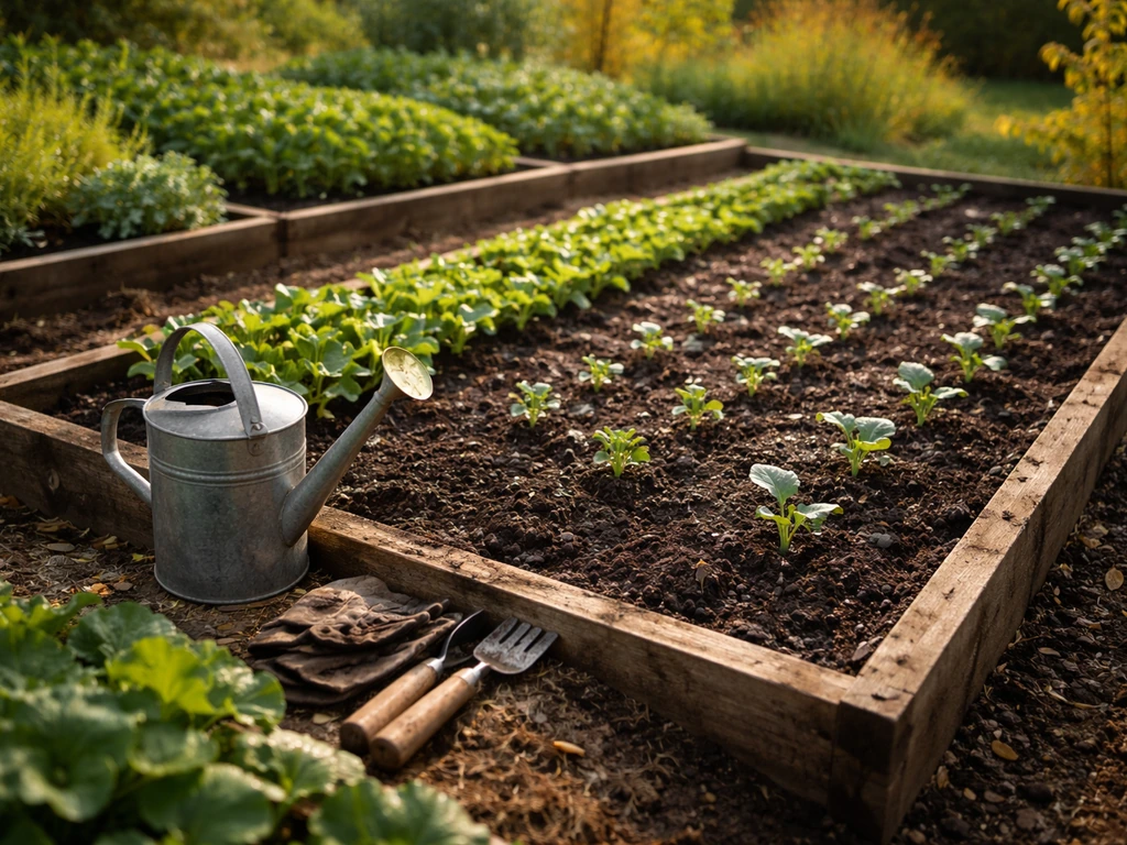 Early autumn UK vegetable beds with neat rows of leafy greens and brassica seedlings in prepared soil.