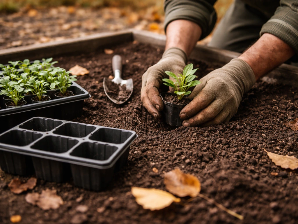 Gardener’s hands planting a seedling while seed trays/cell modules sit beside an autumn sowing bed.