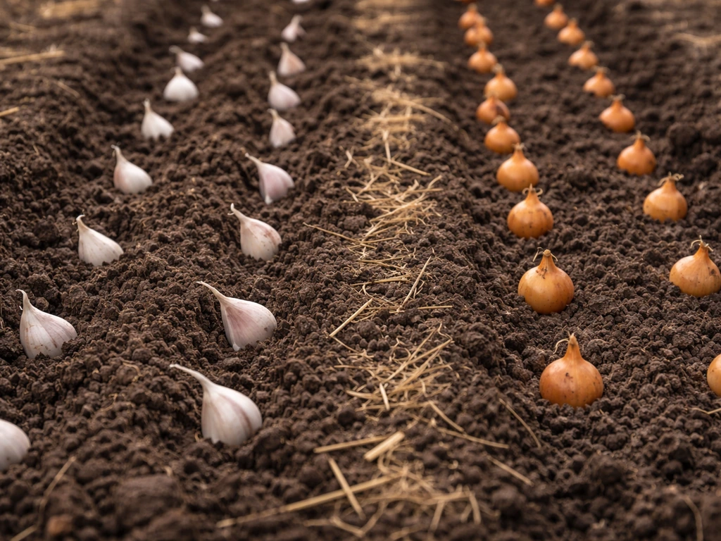 Close-up of garlic and onion sets planted in rows, covered with soil and straw mulch.