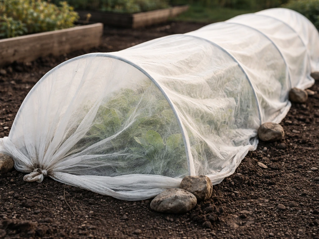 Horticultural fleece draped over garden hoops, secured at the edges to protect leafy greens from cold.