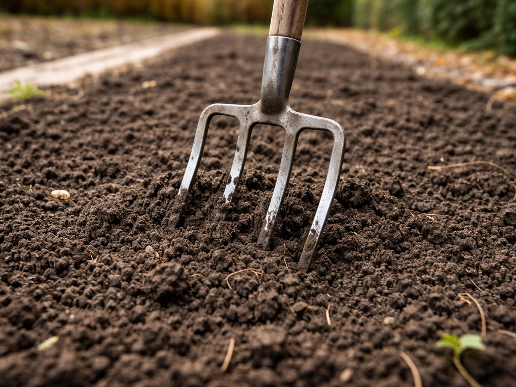 Garden fork working into freshly cleared soil bed for autumn sowing
