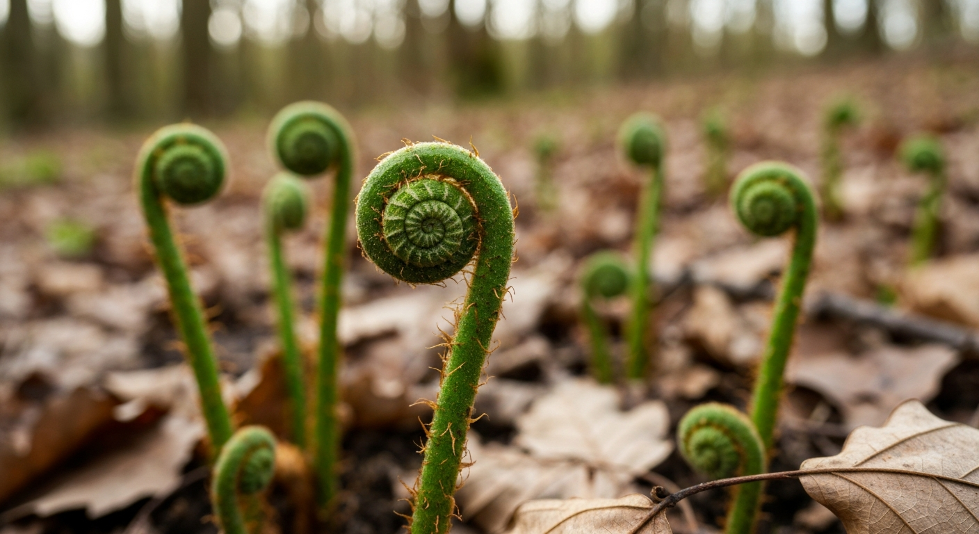 Close-up photo-realistic view of several fern fiddleheads on a damp British woodland floor in spring, with an ostrich fern fiddlehead (smooth stem with U-shaped groove and papery scales) in sharp focus.