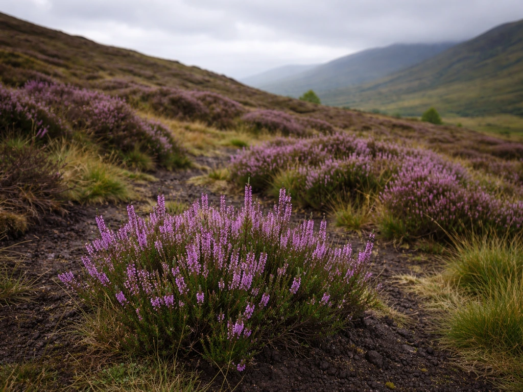 Wild Scottish heather (Calluna) growing on an upland moor in bloom
