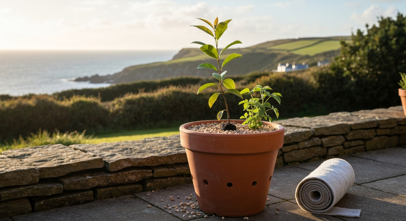 Young sandalwood seedling in a pot with a legume host on a south-facing stone-walled coastal patio, with frost-fleece nearby