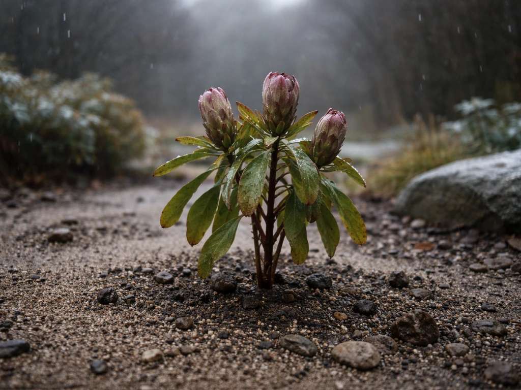 Single protea in gritty soil outside, with misty wet/frosty UK-like conditions behind it.