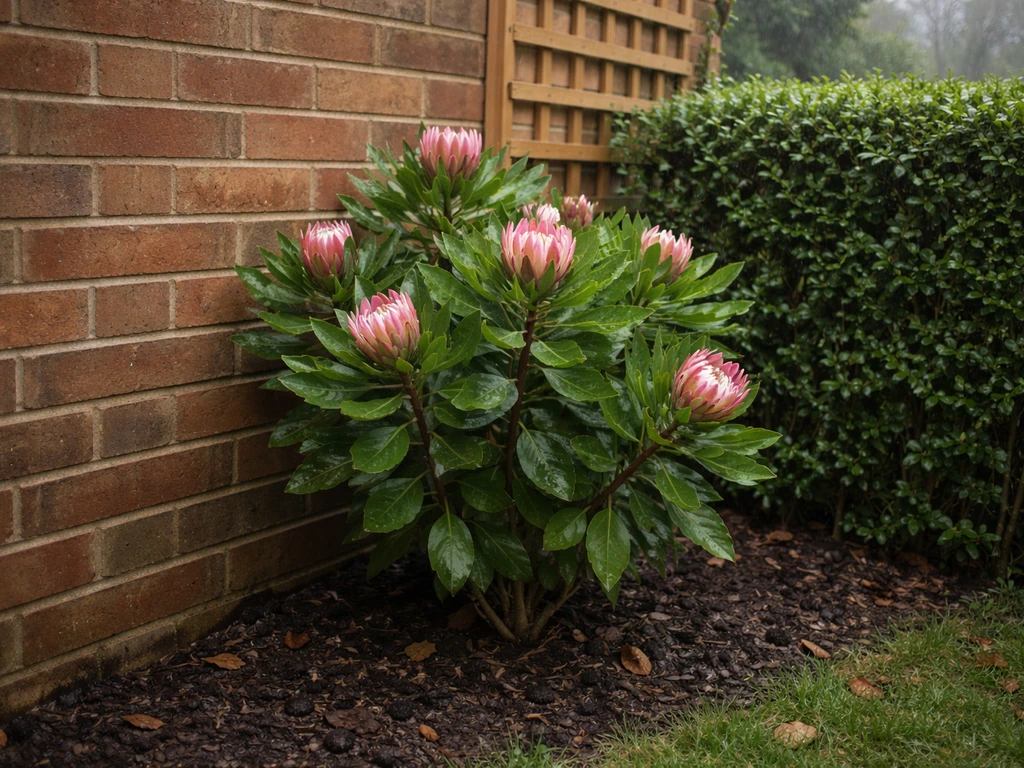 Protea nestled beside a south-facing brick wall, sheltered by a hedge from wind and persistent rain.