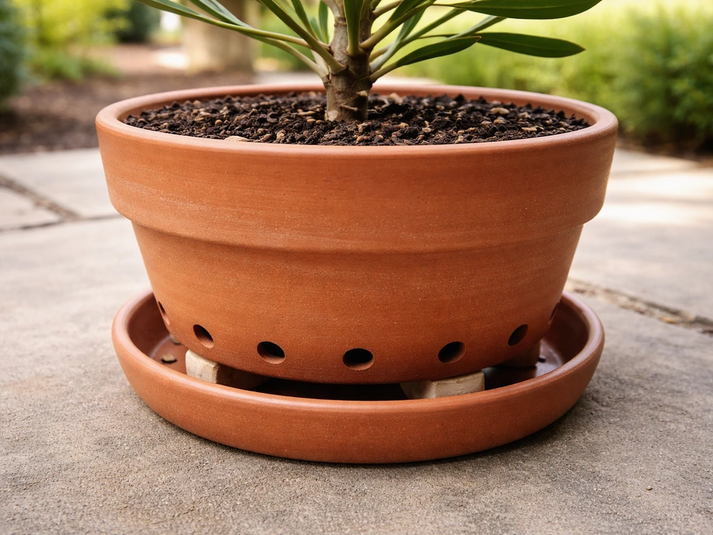 Close-up of a raised terracotta protea pot showing multiple drainage holes and a draining saucer.