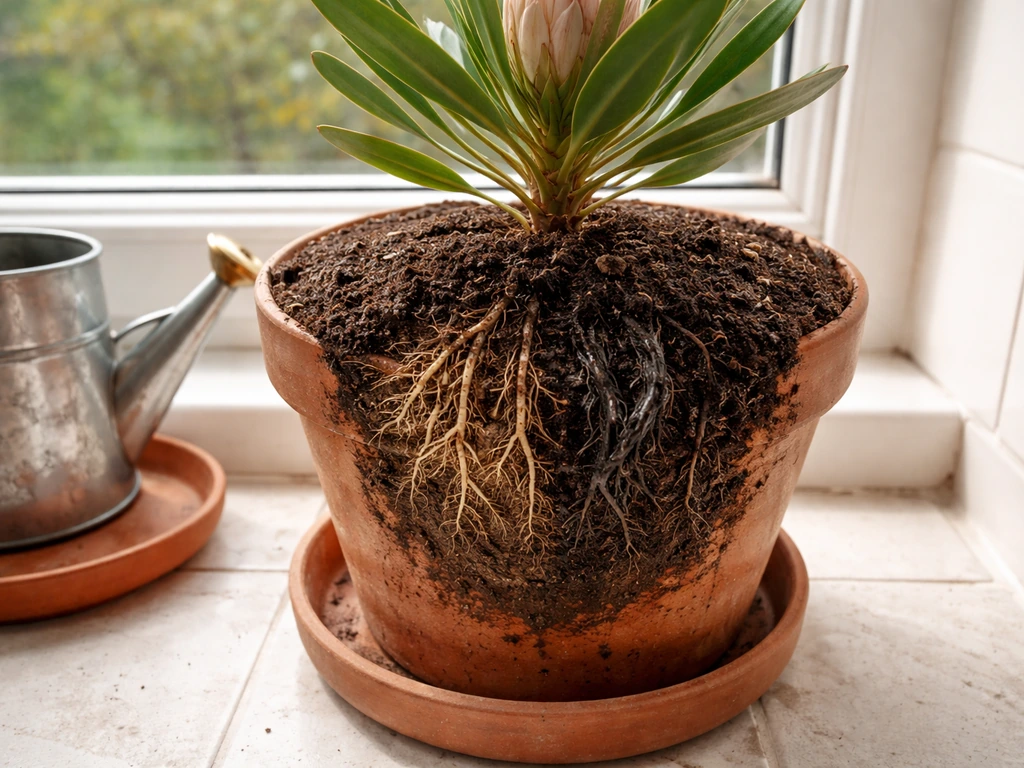 Protea in a pot with exposed roots showing healthy growth versus waterlogged blackened root rot.