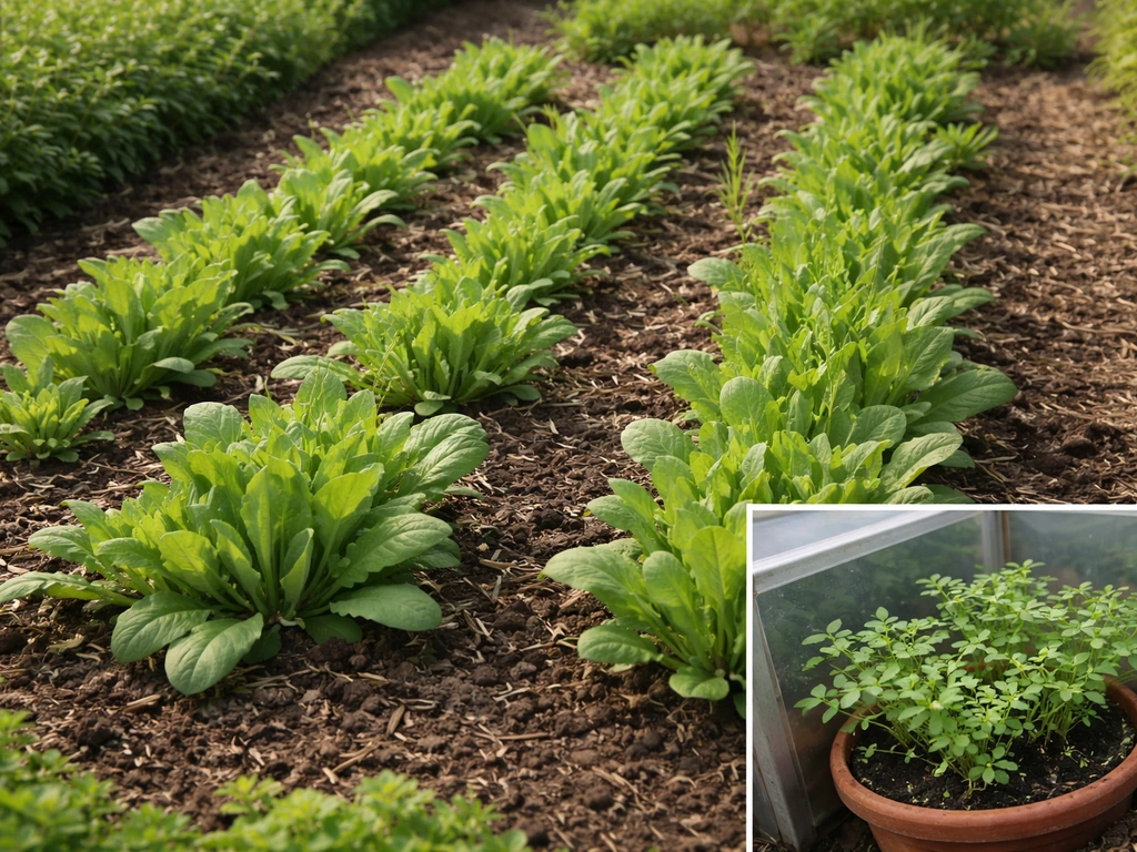 Garden bed with rows of woad plants, plus a small sheltered inset hinting true indigo growth.