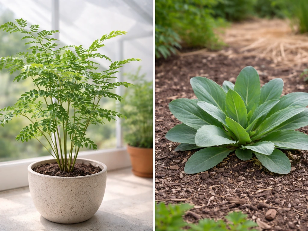 Side-by-side true indigo under cover and woad outdoors in simple garden containers.