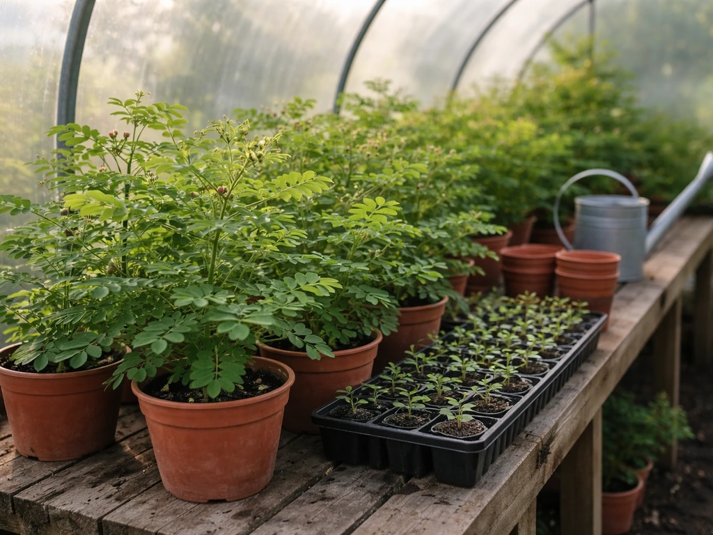 Indigofera tinctoria in pots inside a warm UK polytunnel greenhouse with natural light.