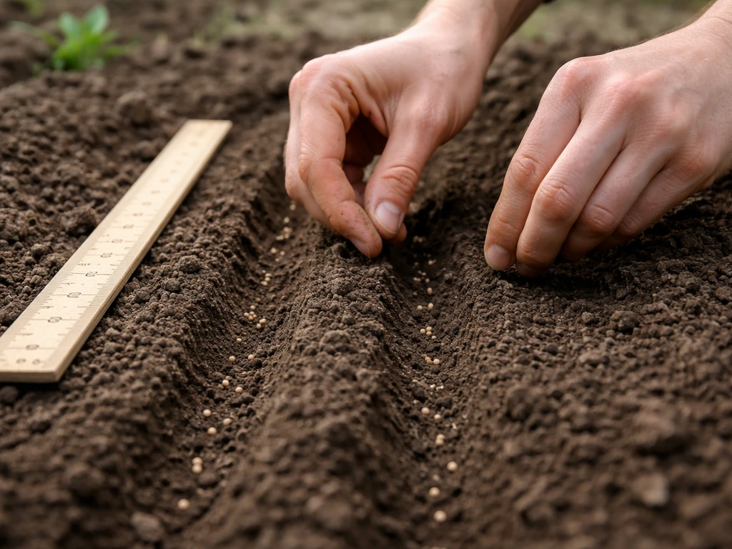 Hands sowing woad seeds into shallow drills outdoors in March, with a ruler beside the furrows
