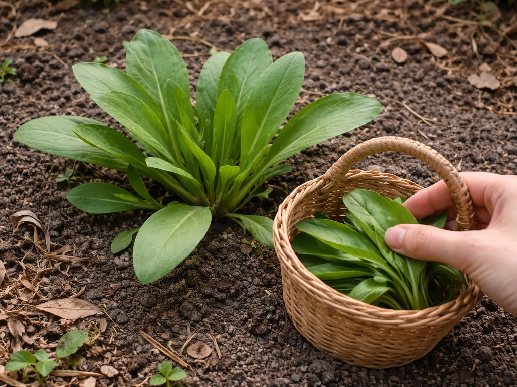 Hand harvesting woad leaves in a small basket while the woad plant remains in place in a garden bed.