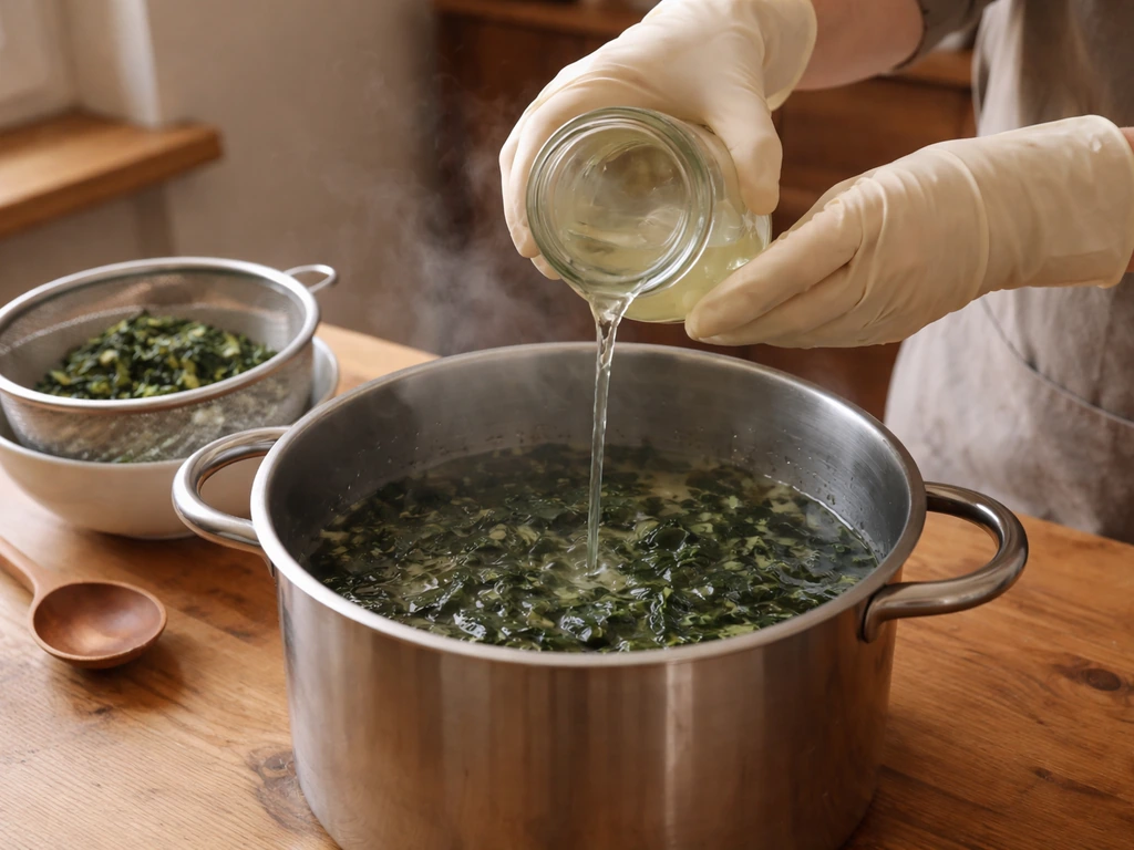 Chopped indigo leaves steep in a pot while alkali solution is carefully poured in at home.