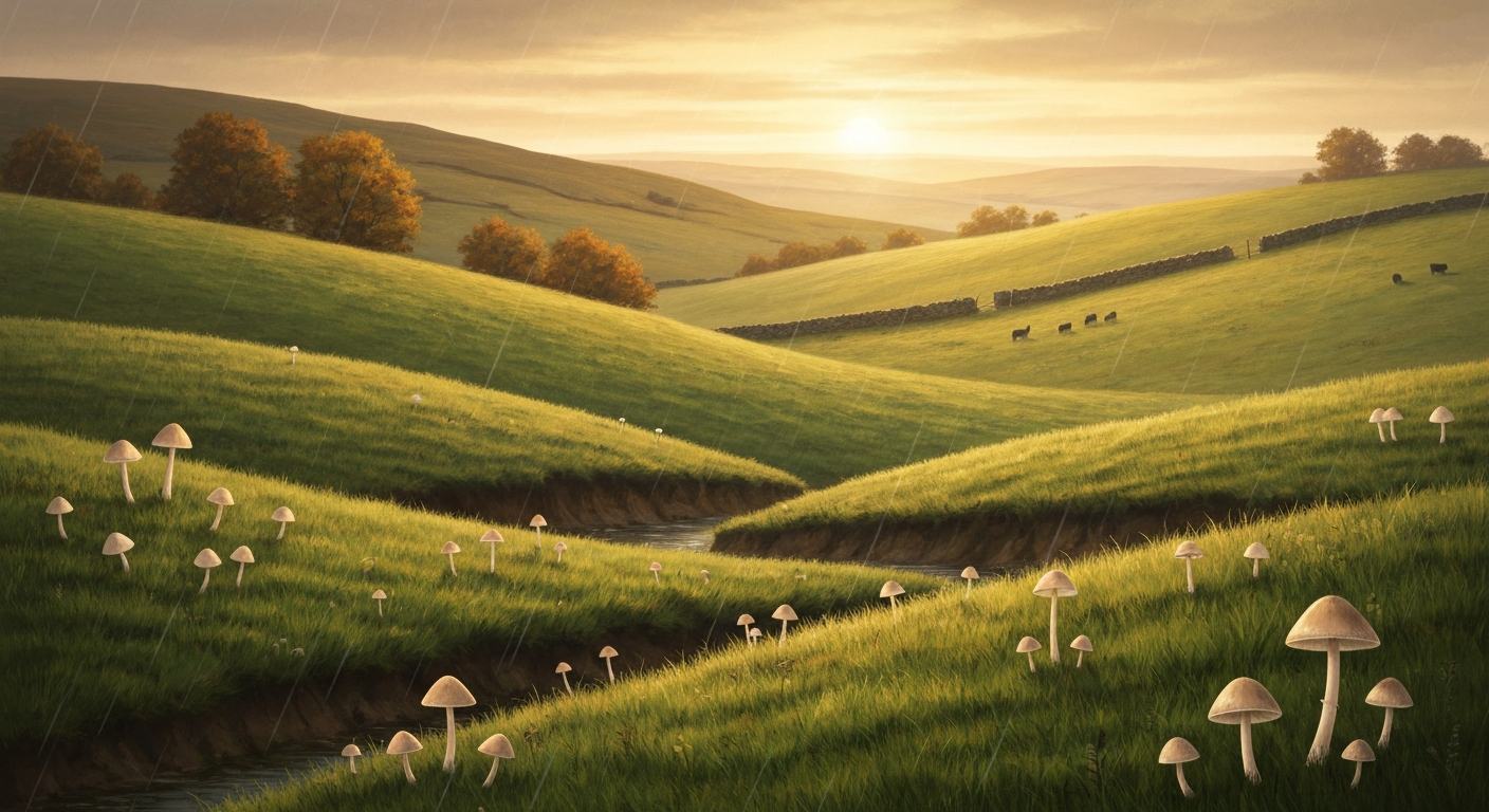 Illustrated UK autumn grassland in October with stylized, non-diagnostic small mushrooms and sheep in the distance