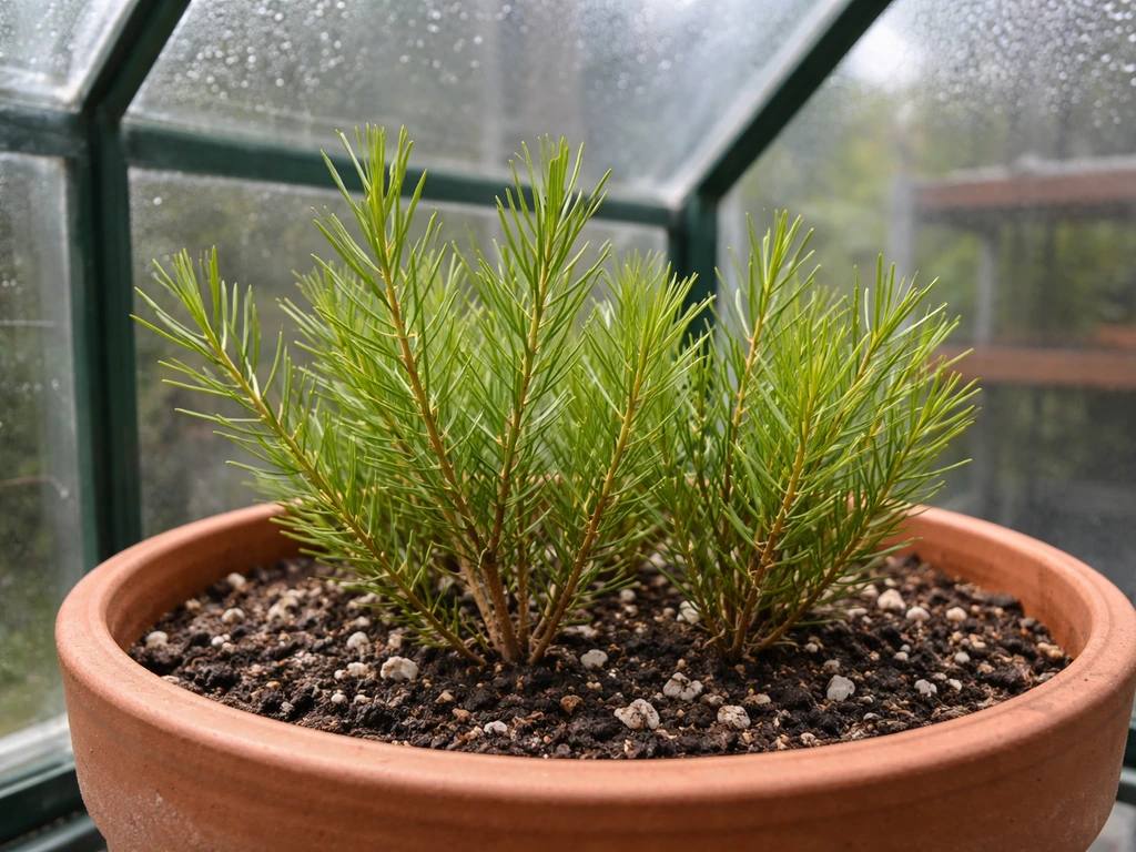 Rooibos plants in a pot inside a frost-free greenhouse frame, close-up with moist soil and drainage.
