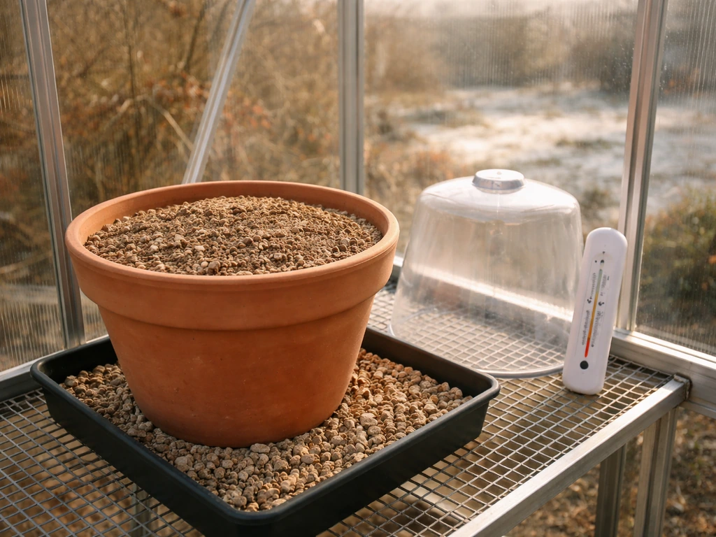 Warm UK greenhouse setup with a terracotta pot, sandy drainage mix, and frost protection cover.