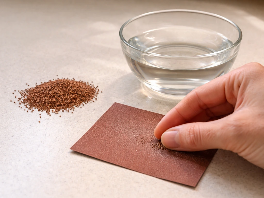 Close-up of rooibos seeds beside sandpaper and a bowl of warm water, with a hand preparing to scarify.