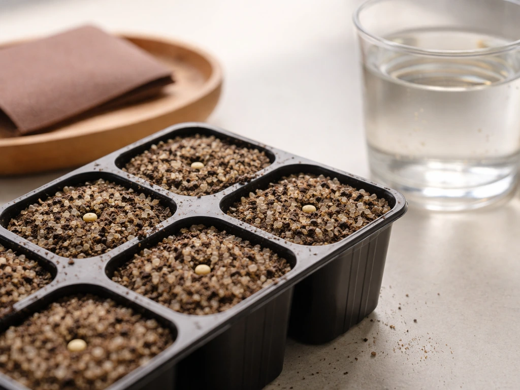 Close-up of small seedling modules with sandy acidic mix and a few seeds set for germination.