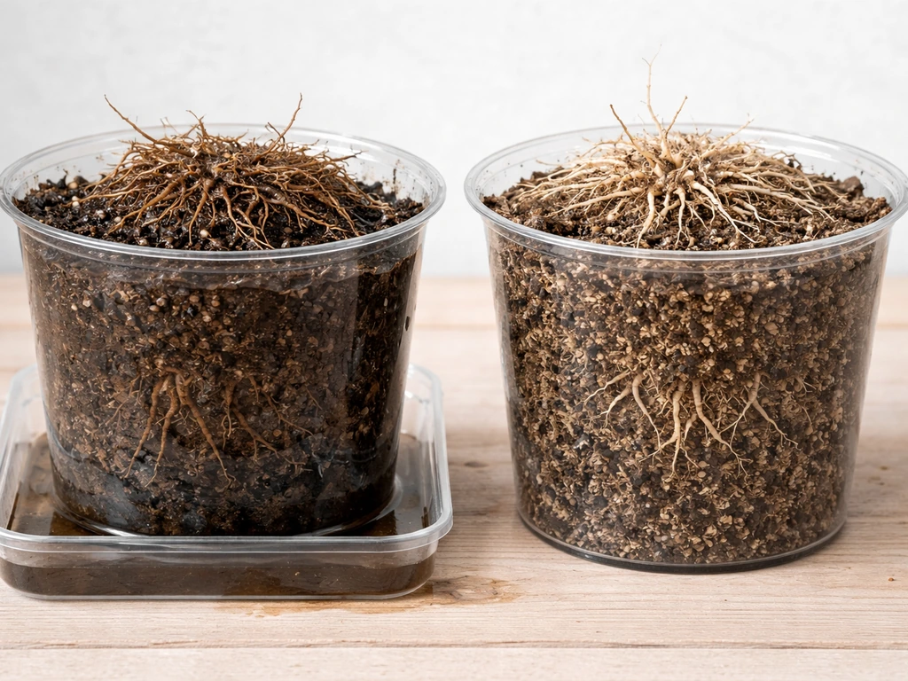 Split view of two soil samples in pots: dark waterlogged mix with rotting roots vs airy gritty mix with healthy roots.