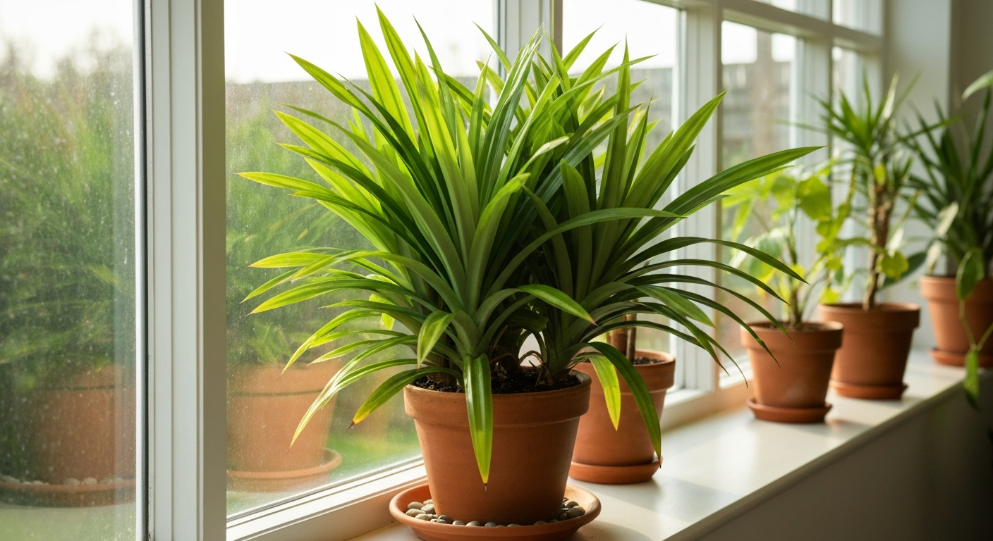 Healthy pandan plant in a pot on a conservatory windowsill with a pebble tray beneath.