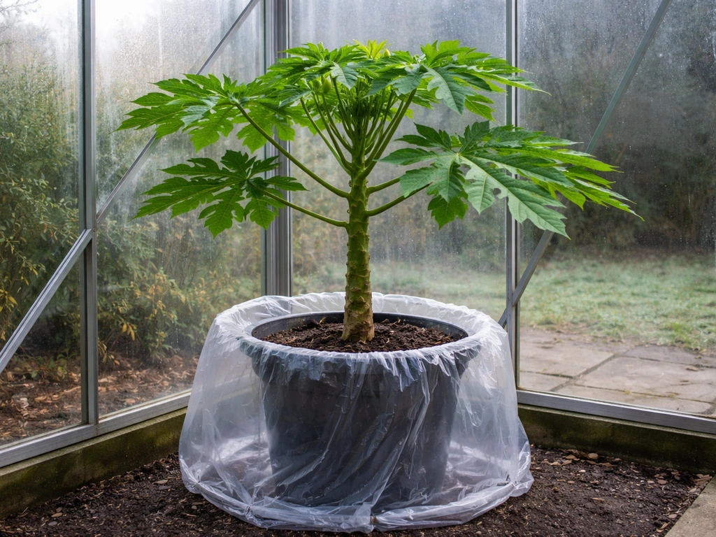 Healthy papaya plant in a UK greenhouse, protected over winter with a clear cover