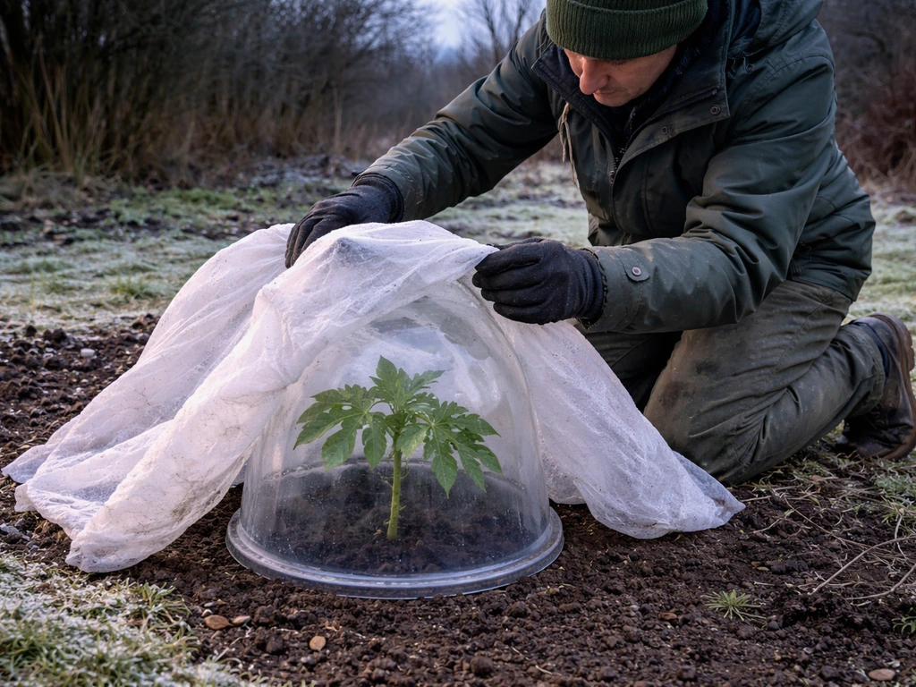 A gardener covers a small papaya plant with frost protection in a chilly UK garden.