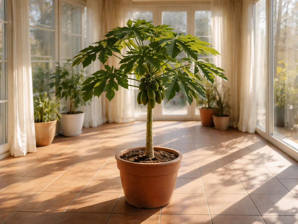 Papaya plant thriving in a bright south-facing conservatory with direct sunlight and warm, steady light