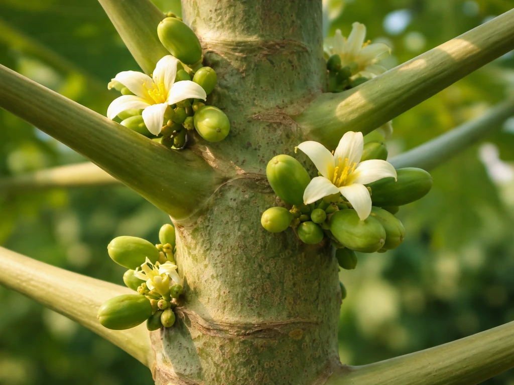 Close-up of papaya trunk showing flowering blooms and tiny developing fruitlets at leaf nodes.