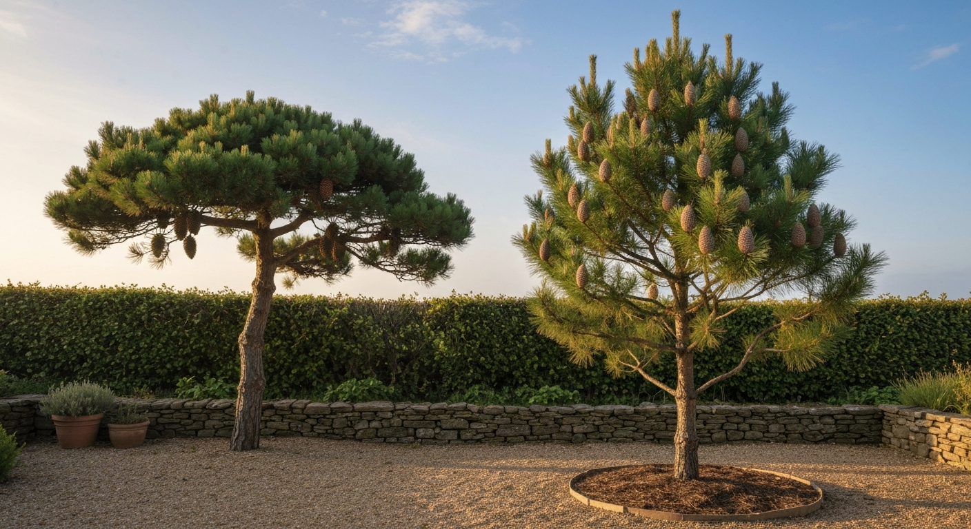 Two pine trees in a sheltered British garden (stone pine and Korean pine) with cones, stone wall and gravel soil.