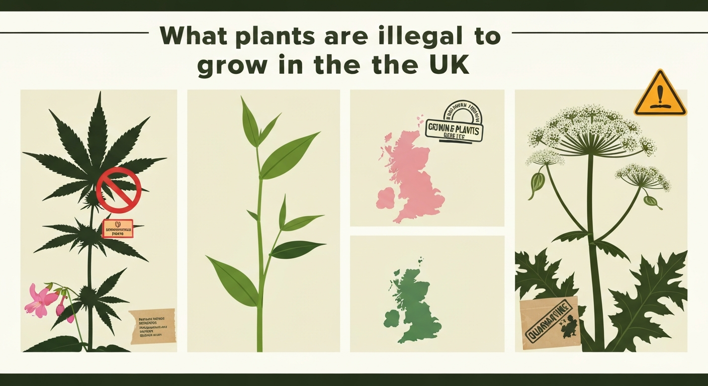 Infographic collage of cannabis, Japanese knotweed, Himalayan balsam and giant hogweed with UK map and quarantine icon, indicating legal and plant-health issues.