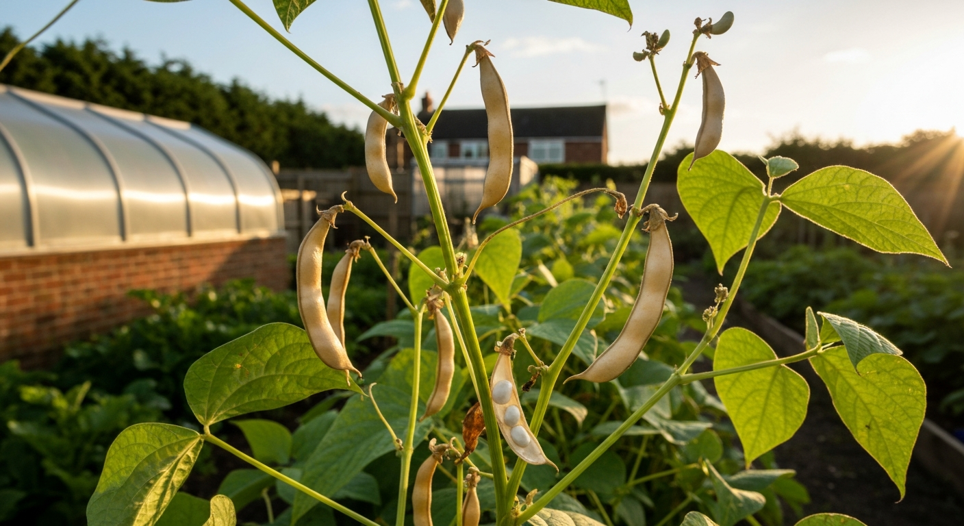 Cannellini bean plants with papery dry pods in a sunlit garden with polytunnel in background.