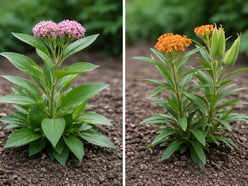 Close-up comparison of two UK-viable milkweed plants with different leaves, flowers, and seed pods.