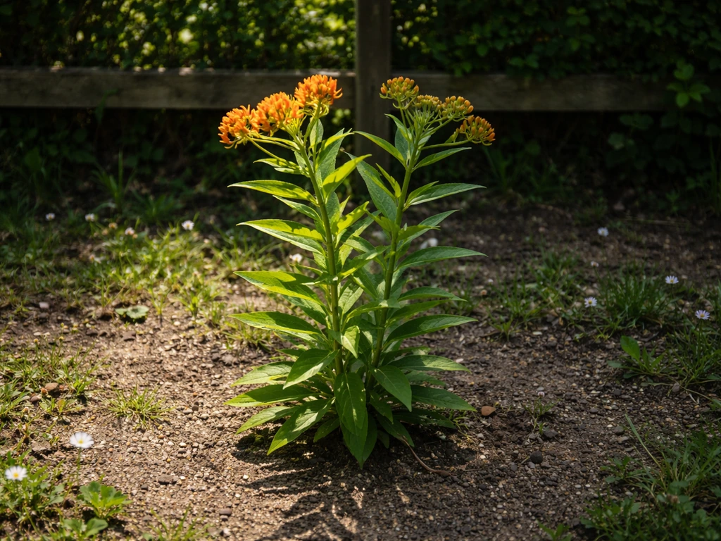 Sunlit milkweed blooming more richly than the same plant in partial shade in a UK garden.