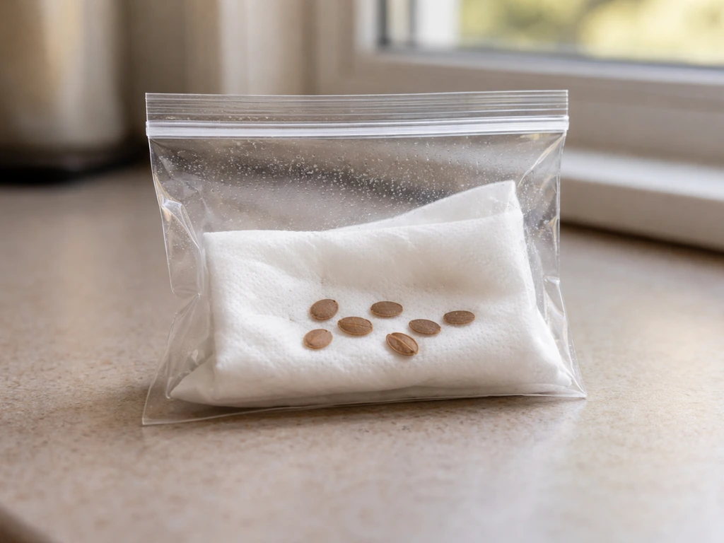 Close-up of milkweed seeds in a moist paper towel inside a sealed bag on a kitchen counter