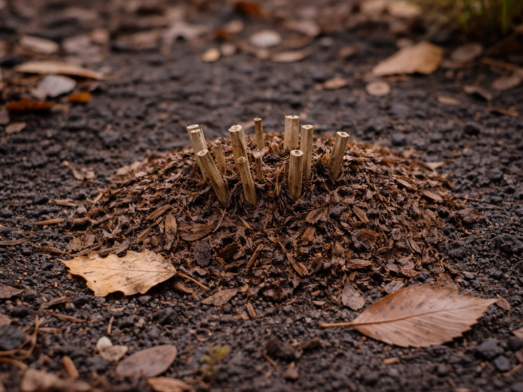 Late-autumn garden bed with hardy milkweed stems cut back to ground and mulch protecting the crown.