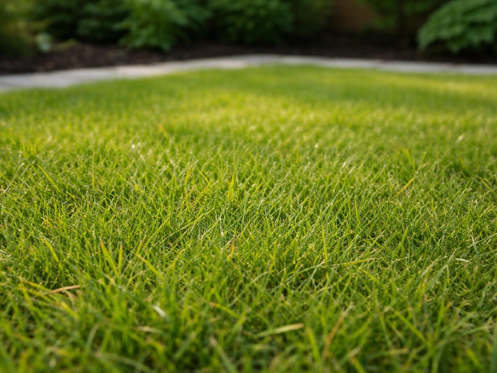 Close-up of warm-season lawn grass in a sheltered south-facing UK patio yard setting.
