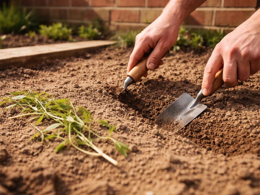 Close-up of shallow soil prep to 5cm depth with Bermuda rhizomes ready to plant.