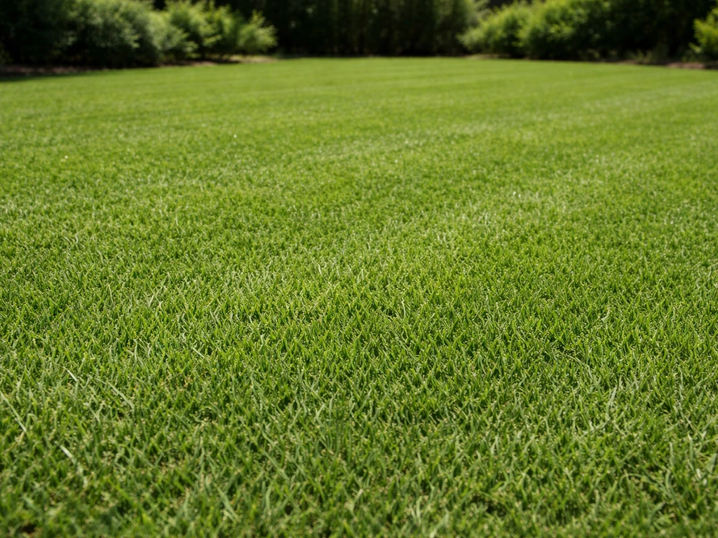 Mid-summer Bermuda grass lawn with short, dense turf, neatly mowed rows in warm sunlight