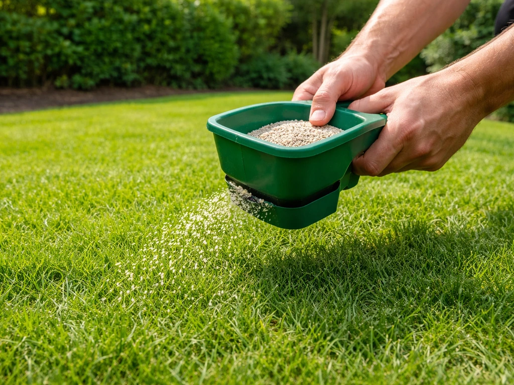 Close-up of hands spreading granular lawn fertiliser over green Bermuda grass in a UK garden